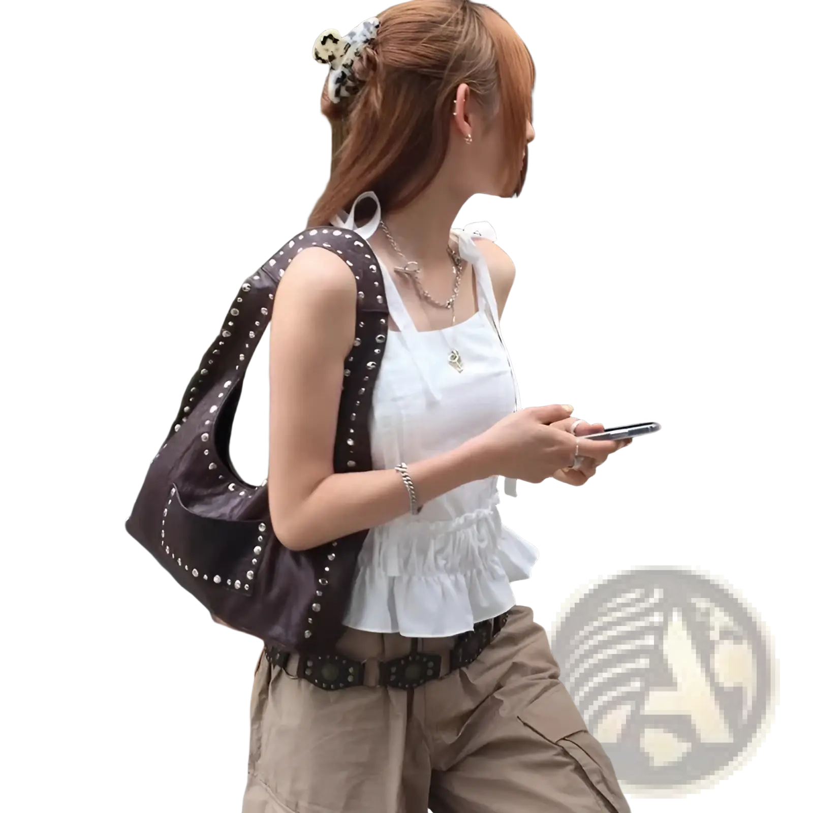 Brown studded leather shoulder bag retro hobo purse showcasing brown leather with studded detailing and shoulder strap