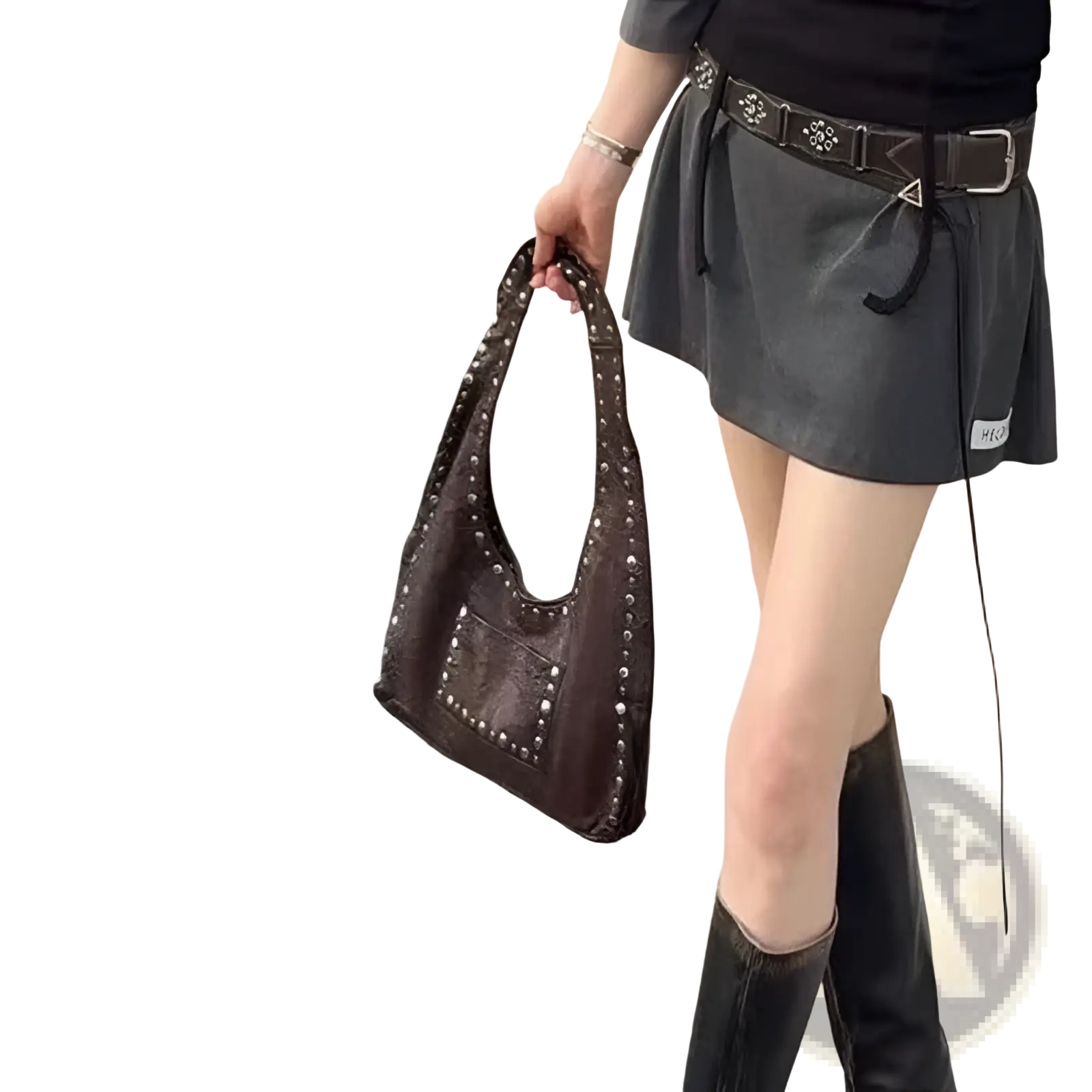 Brown studded leather shoulder bag featuring silver studs on handles and front pocket in retro hobo style