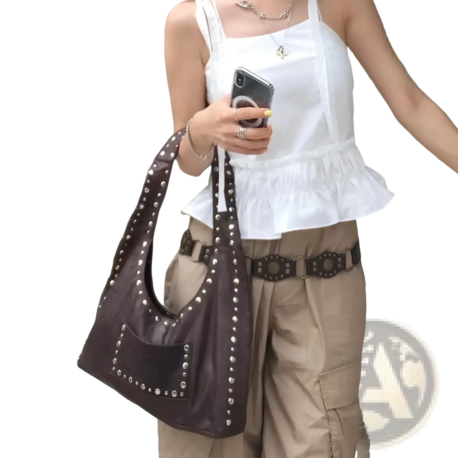 Brown studded leather shoulder bag with silver studs and front pocket in a retro hobo purse style