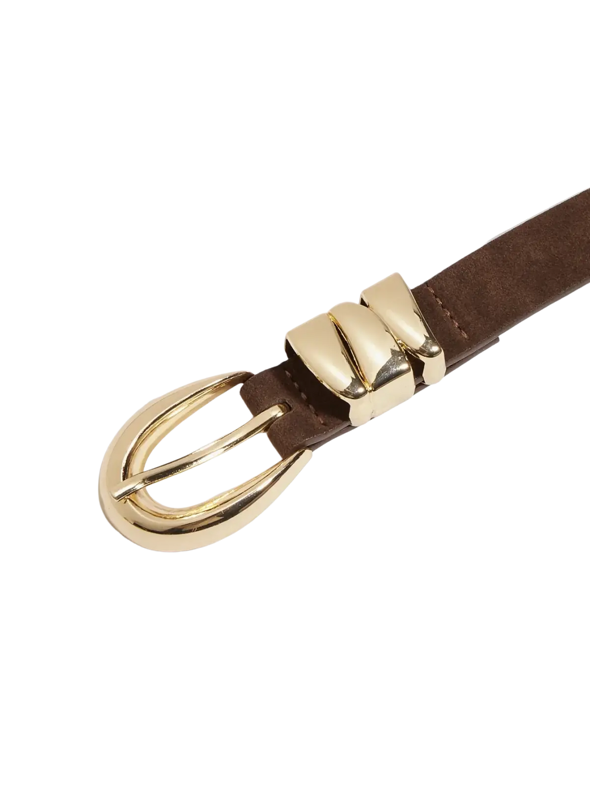 Brown suede boho belt with a gold-toned buckle featuring three stacked rectangular prongs