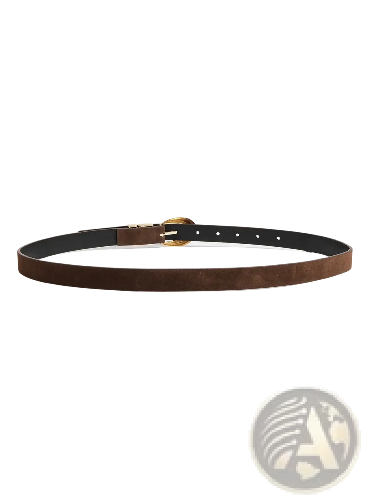Brown suede boho belt with gold-toned buckle and black inner lining shown from the front
