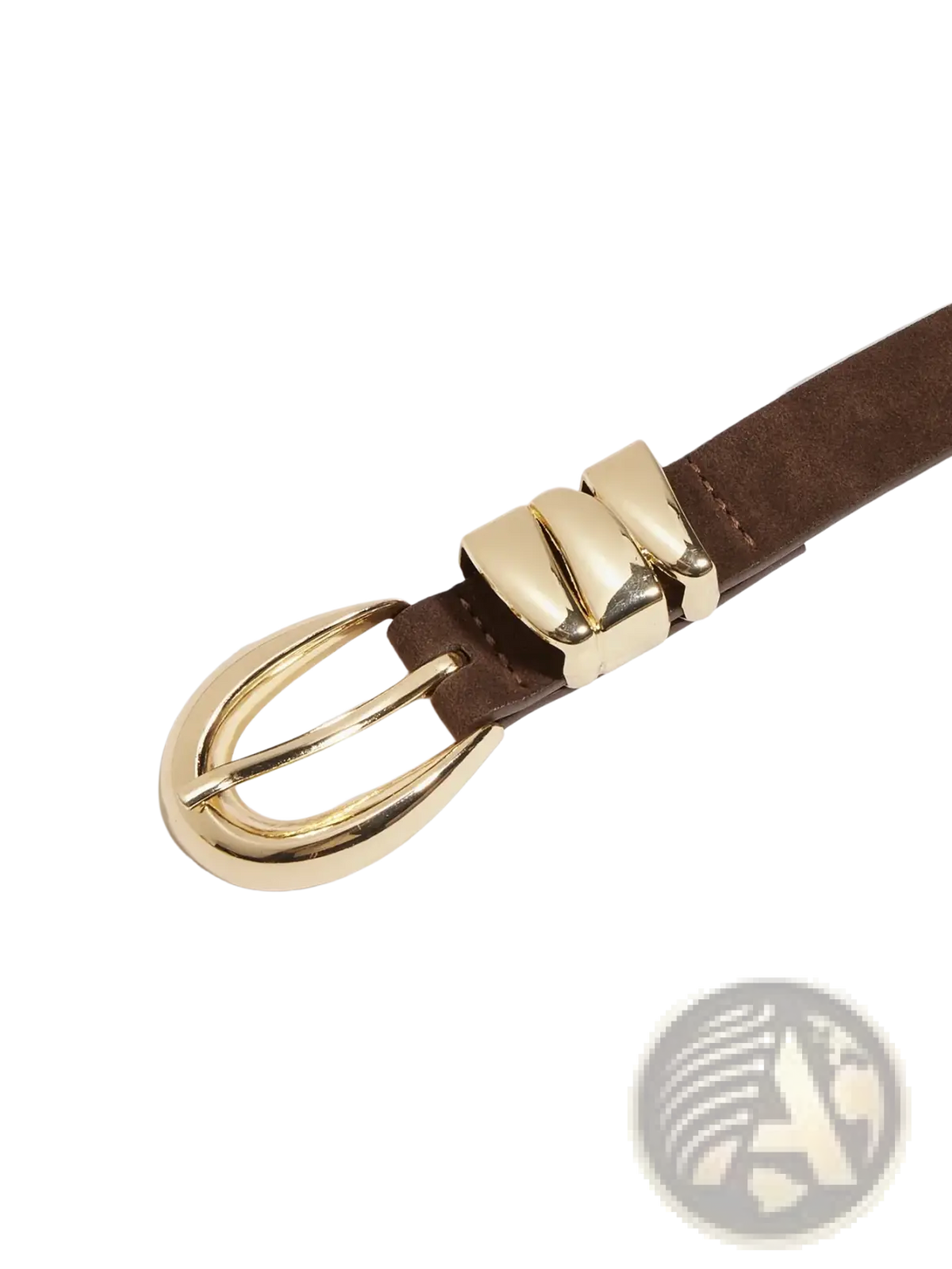 Brown suede boho belt with a gold-toned buckle featuring three stacked rectangular prongs