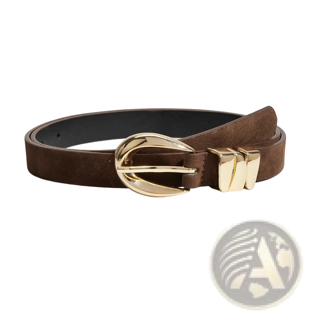 Brown suede boho belt featuring a gold-toned buckle and matching rectangular prong for stylish accessorizing