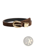 Brown suede boho belt featuring a gold buckle and matching rectangular prong for stylish accessorizing