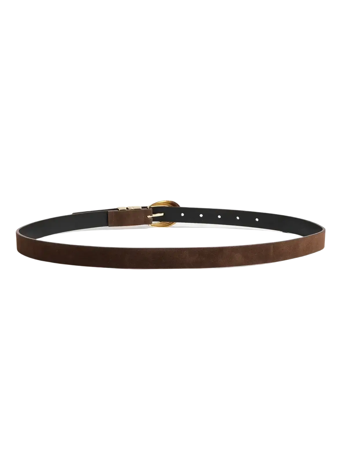 Brown suede boho belt featuring a brown leather strap with a gold-tone buckle and black inner lining