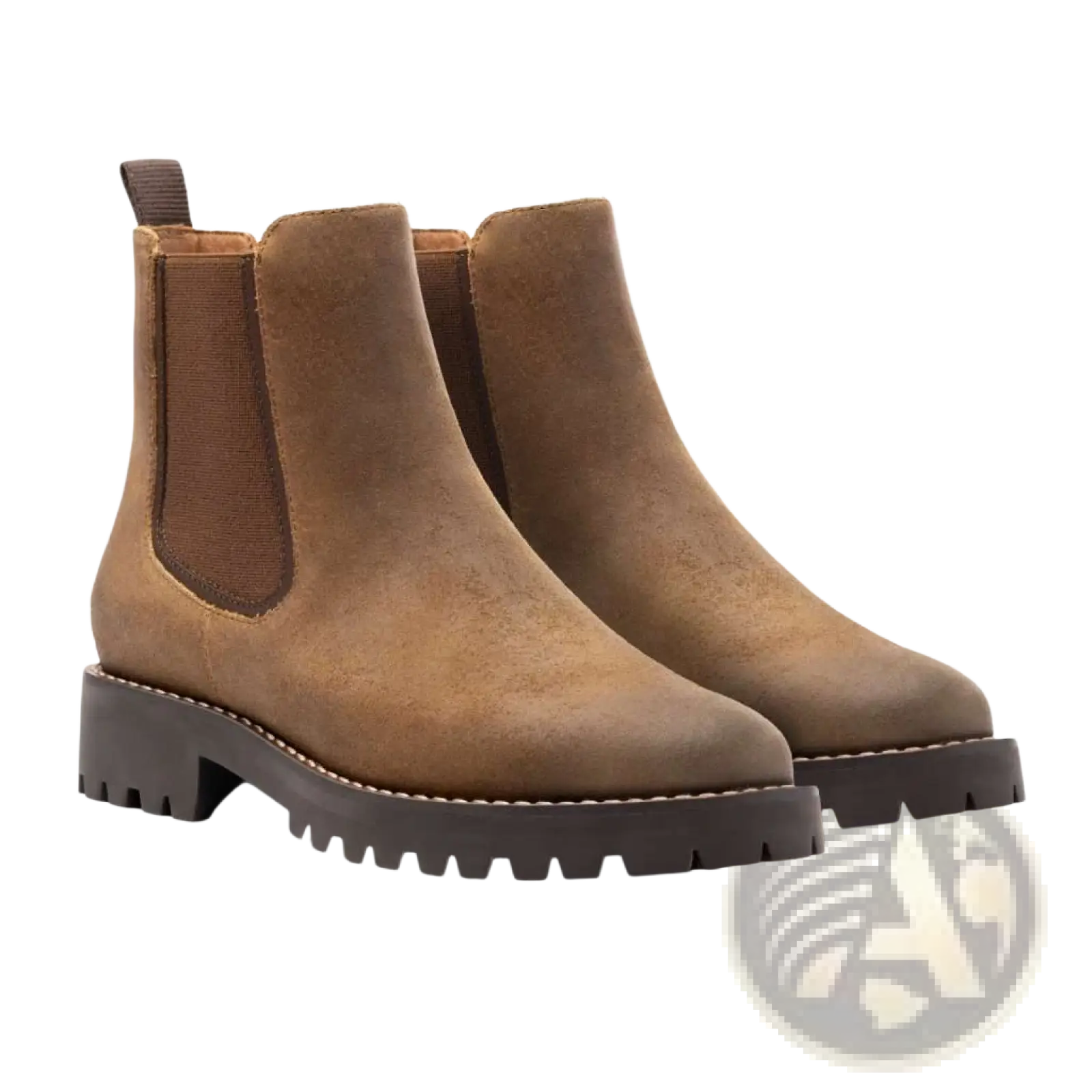 Brown suede chelsea boots with chunky dark brown rubber sole and elastic side panels displayed from the back side