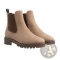 Brown suede Chelsea boots with brown elastic side panels and chunky textured rubber platform sole