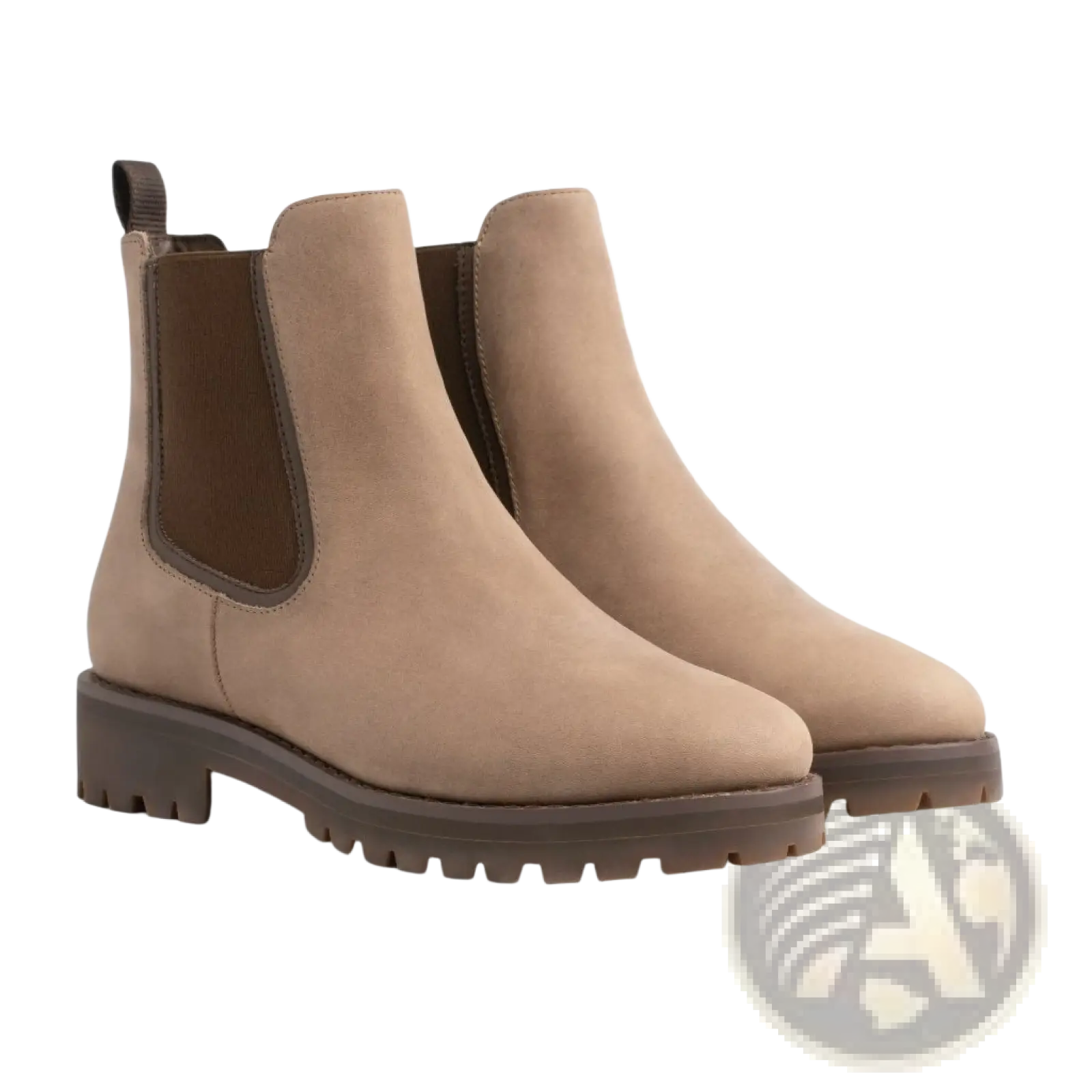 Brown suede Chelsea boots with brown elastic side panels and chunky textured rubber platform sole