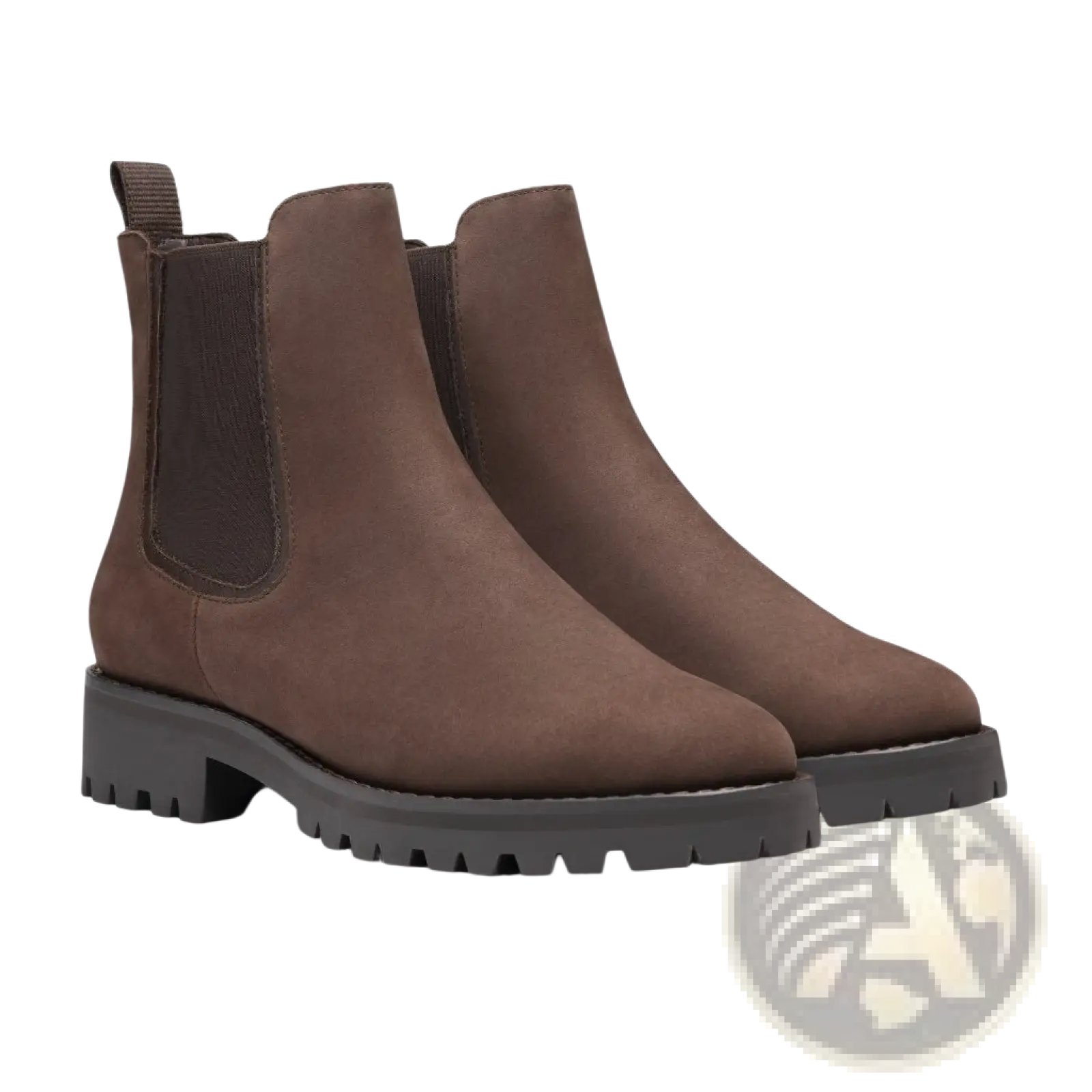 Brown suede chelsea boots with dark brown elastic side panels and a chunky black rubber platform sole