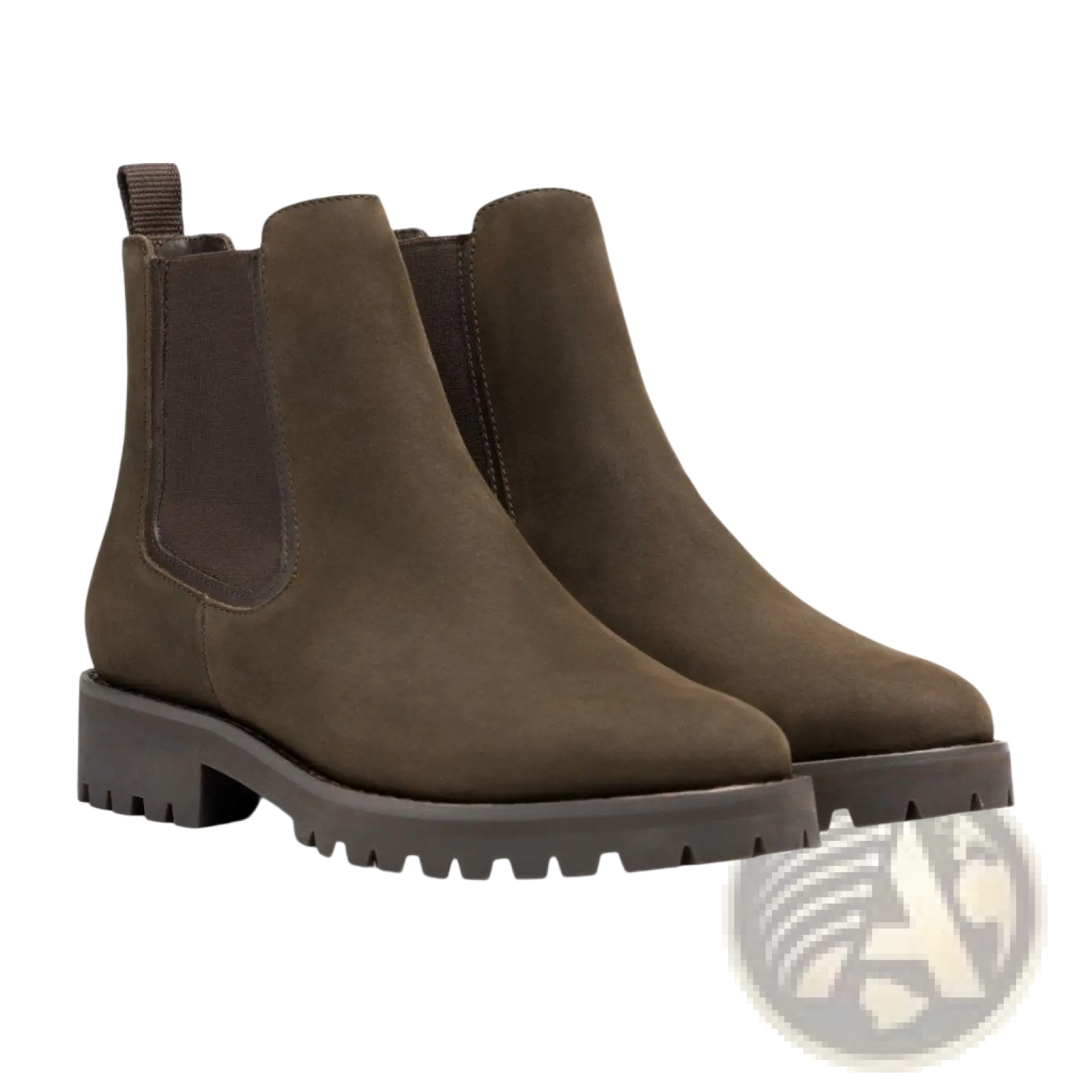Brown suede chelsea boots with chunky textured rubber platform sole shown from the back side