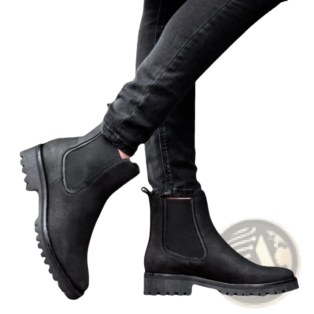 Black suede Chelsea boots with chunky textured rubber sole and elastic side gussets for stylish wear