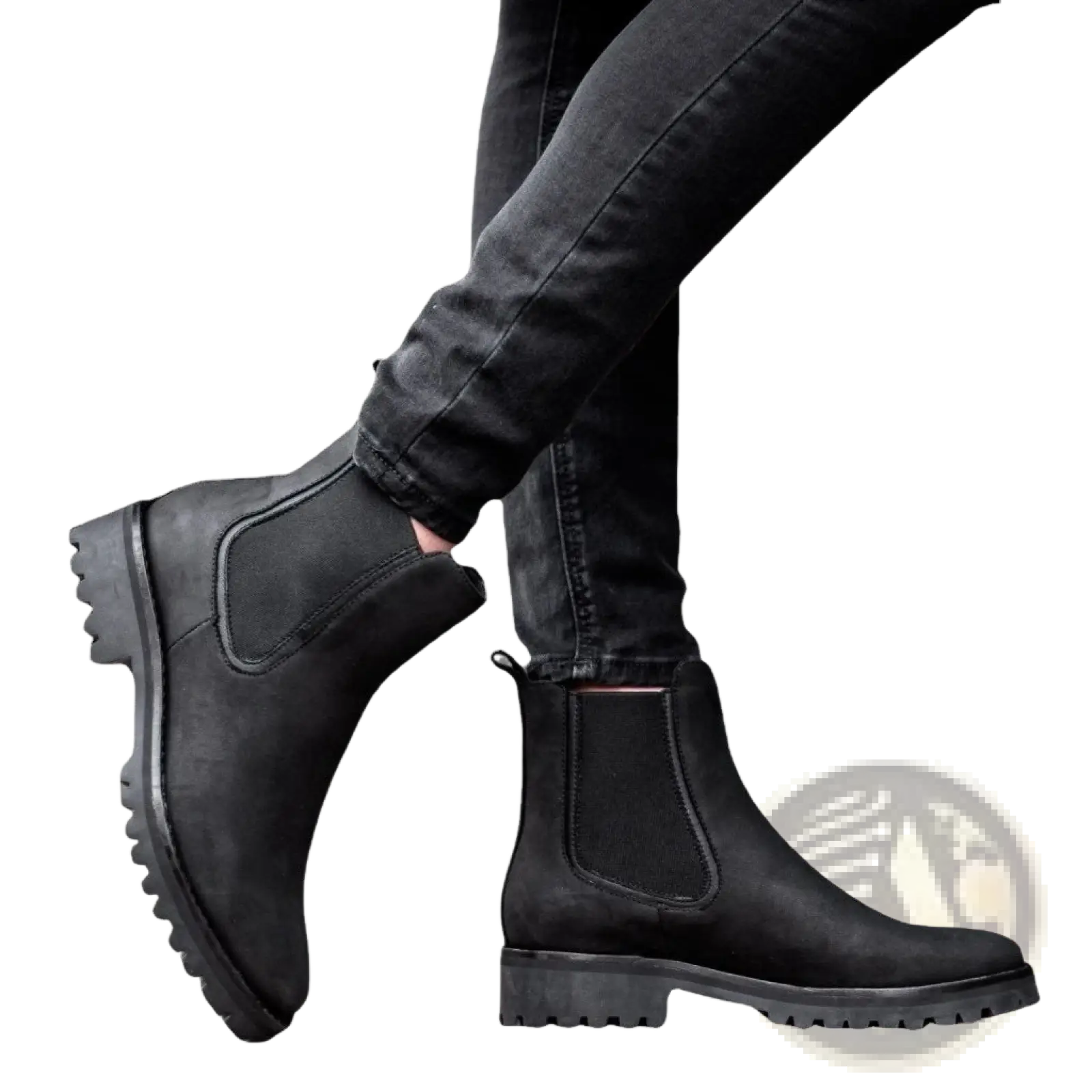 Black suede Chelsea boots with chunky textured rubber sole and elastic side gussets for stylish wear