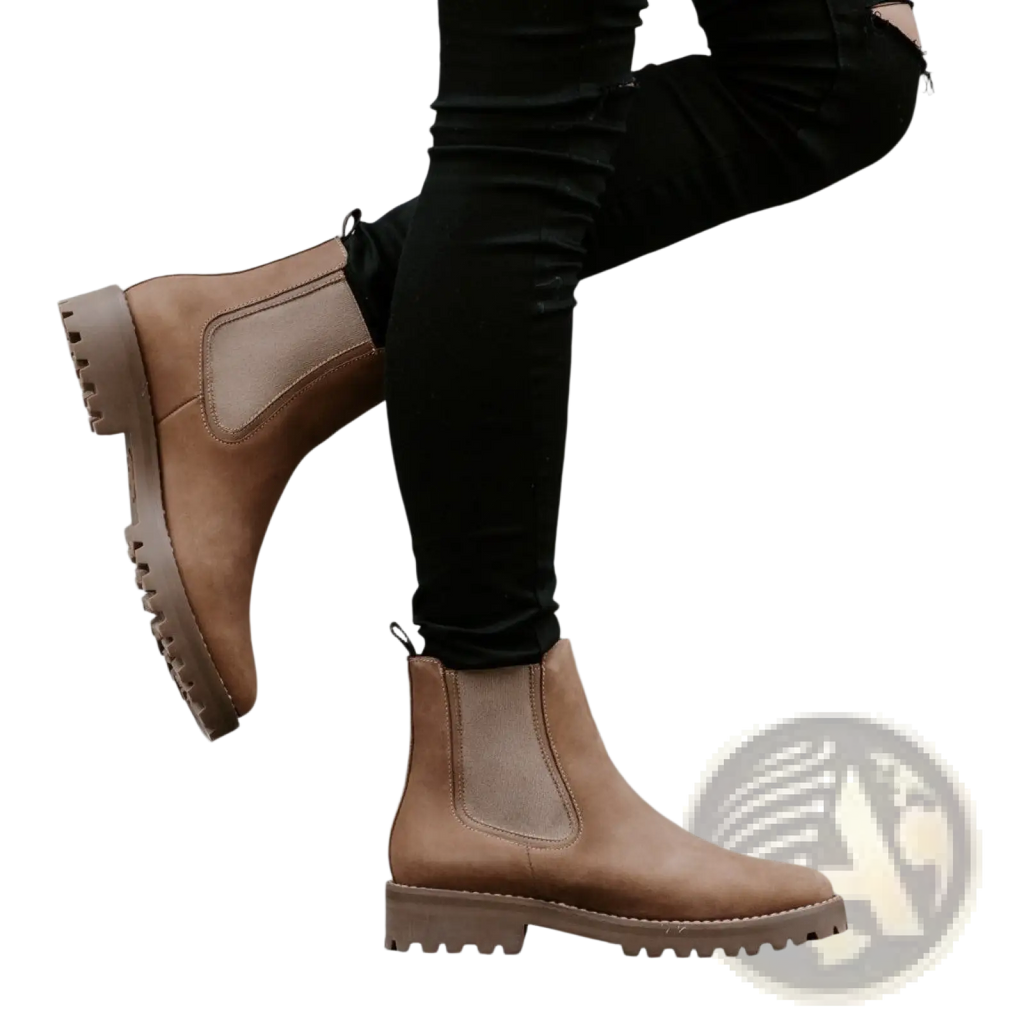 Brown suede chelsea boots with chunky platform sole tan leather textured sole and elastic side panels