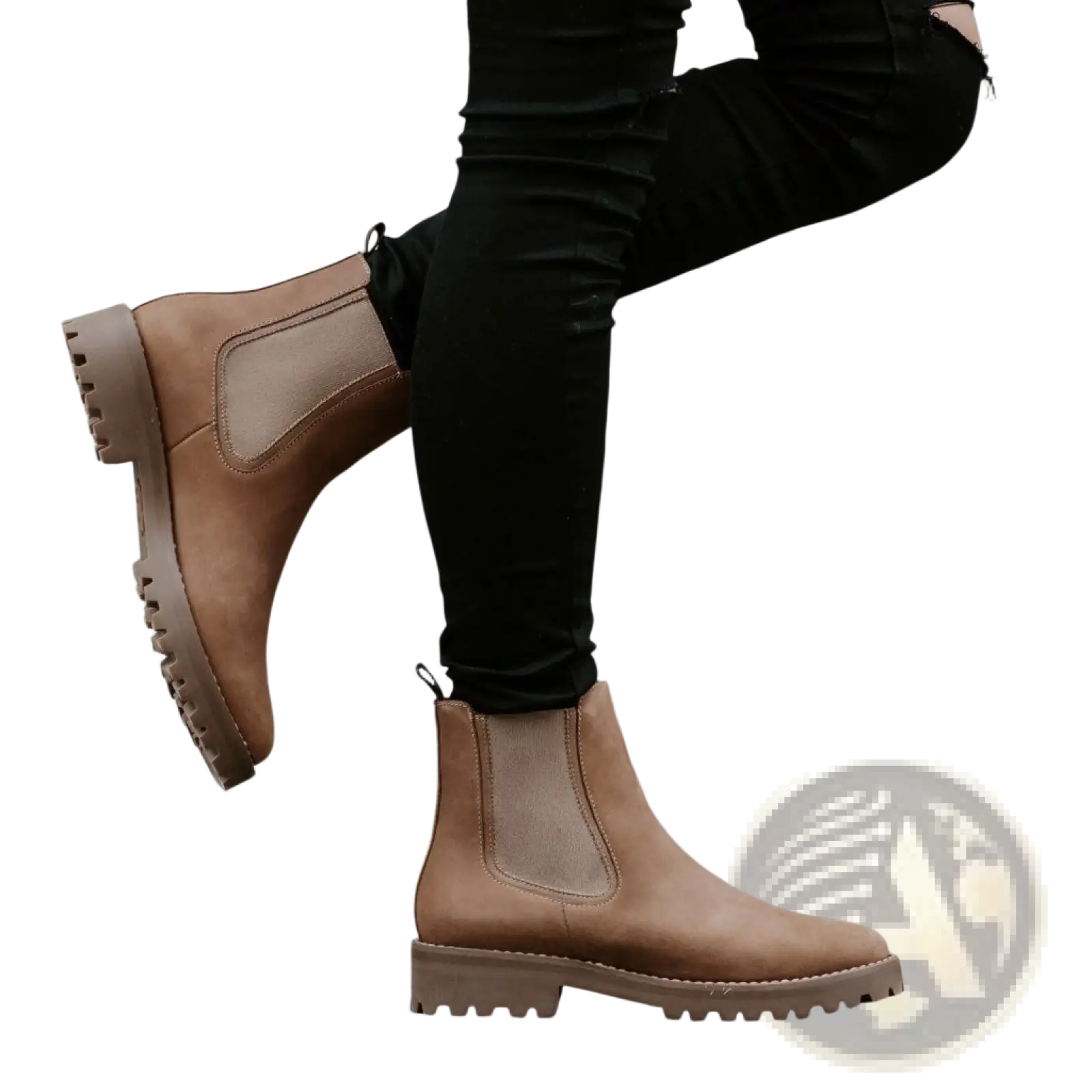 Brown suede chelsea boots with chunky platform sole tan leather textured sole and elastic side panels