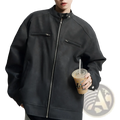 Black faux leather bomber jacket with silver zippers and snap buttons complementing brown suede moto jacket men distressed stand collar