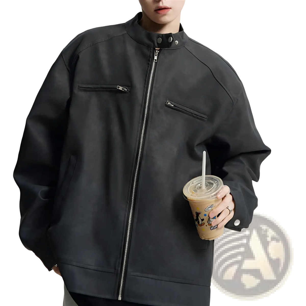 Black faux leather bomber jacket with silver zippers and snap buttons complementing brown suede moto jacket men distressed stand collar