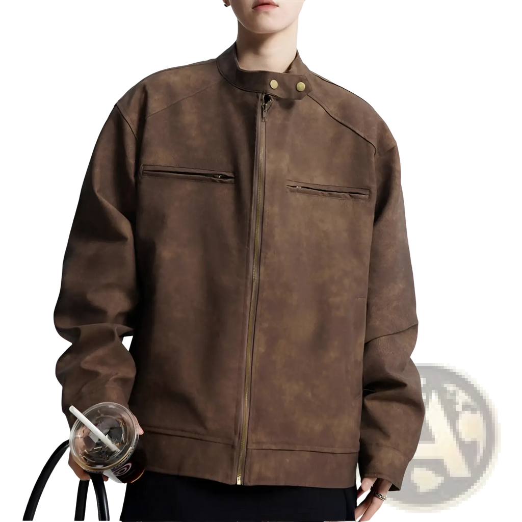 Brown suede moto jacket men with distressed stand collar and gold-tone zipper and button details in bomber style