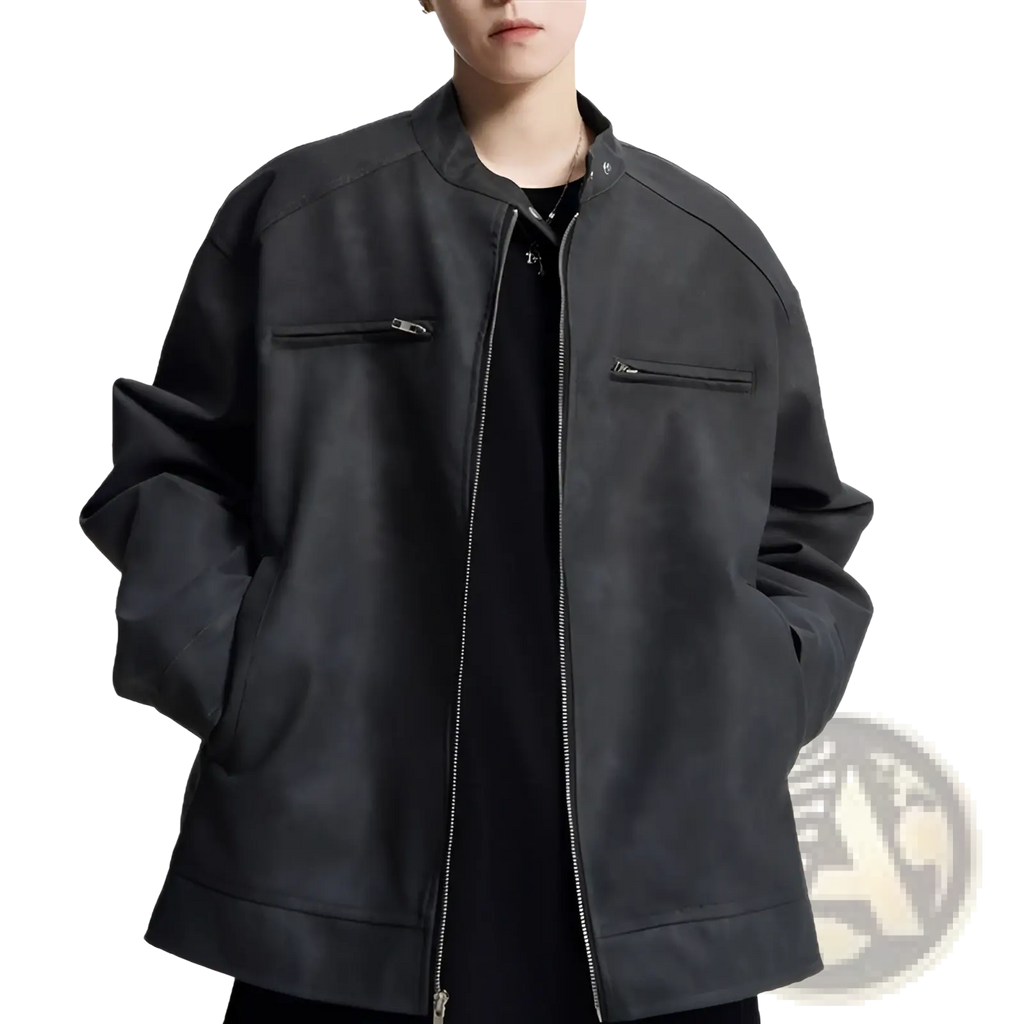 Black suede bomber jacket with silver zippers and ribbed collar featured in brown suede moto jacket men distressed stand collar product