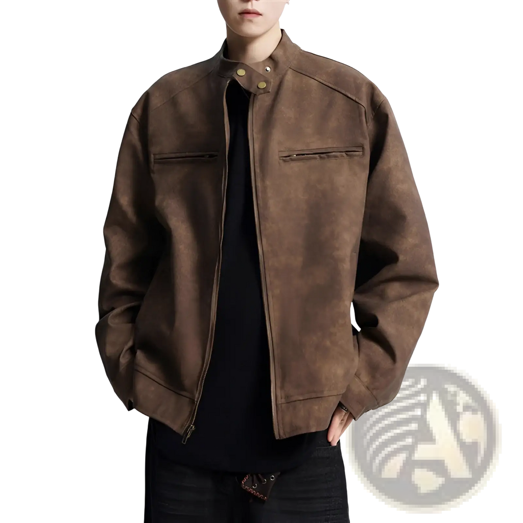 Brown suede moto jacket for men with distressed stand collar, two chest pockets, and zipper front closure