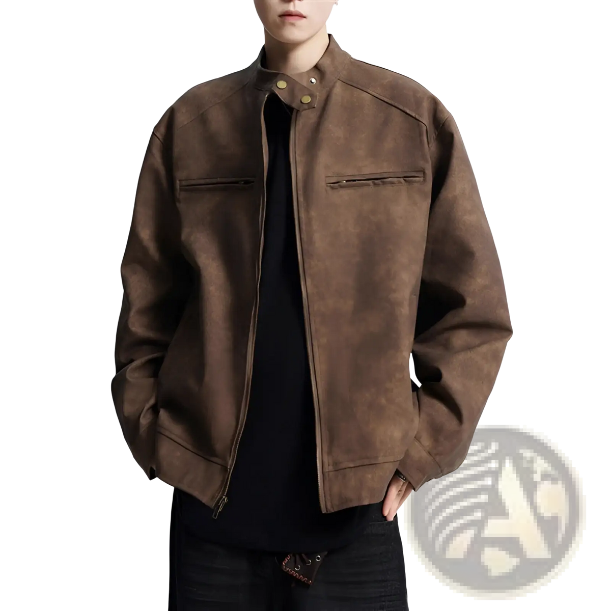 Brown suede moto jacket for men with distressed stand collar, two chest pockets, and zipper front closure
