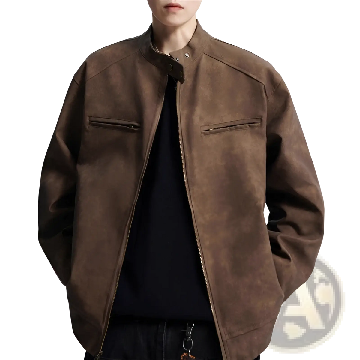 Brown suede moto jacket men with distressed stand collar and two chest pockets in premium suede material