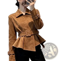 Brown suede peplum jacket with matching belt and adjustable cuffs in tan suede material