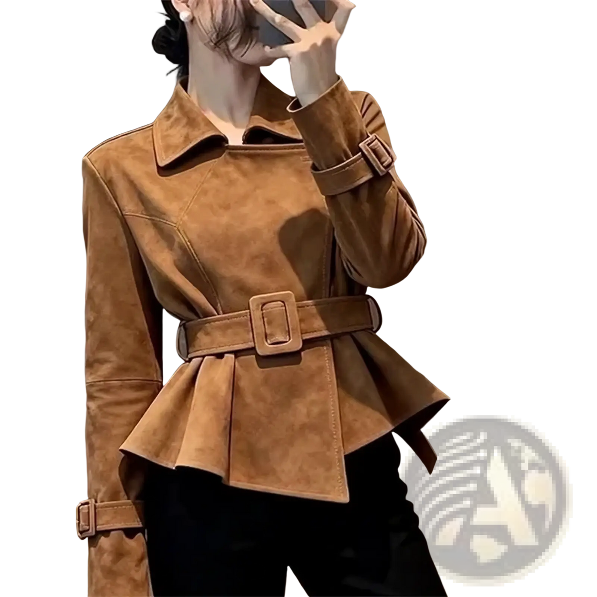 Brown suede peplum jacket with matching belt and adjustable cuffs in tan suede material