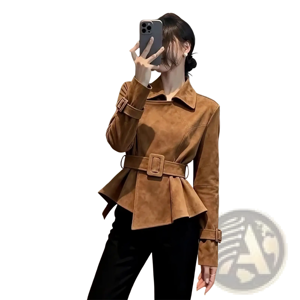 Brown suede peplum jacket in tan with matching belt and adjustable cuffs shown from the back side