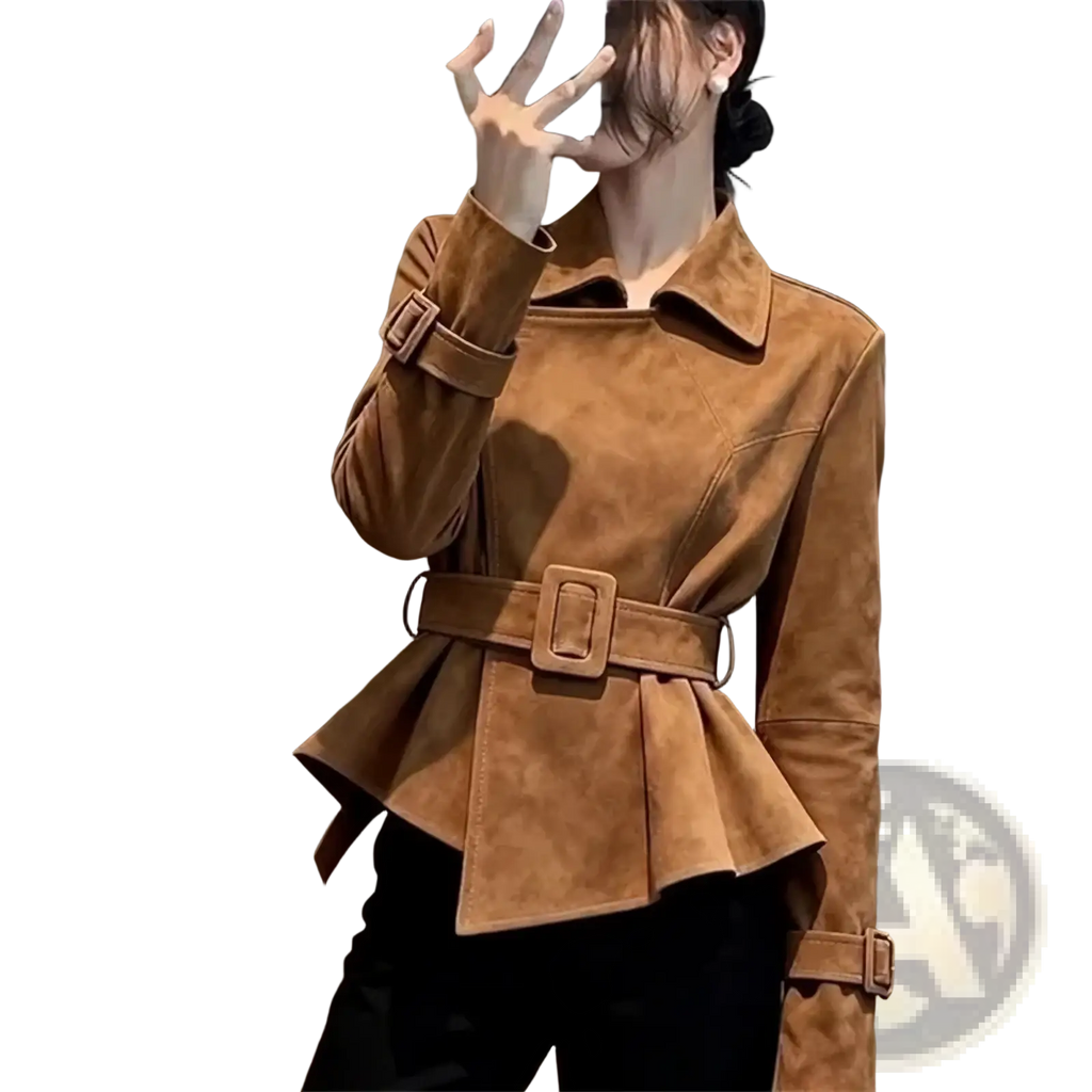 Brown suede peplum jacket with matching belt and adjustable cuffs in tan suede material