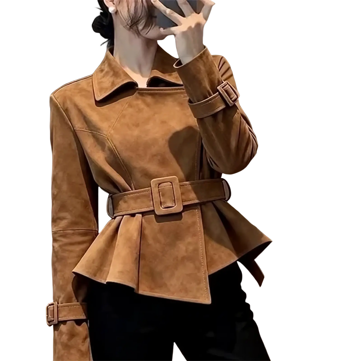 Brown suede peplum jacket with matching belt and adjustable cuffs in tan suede material