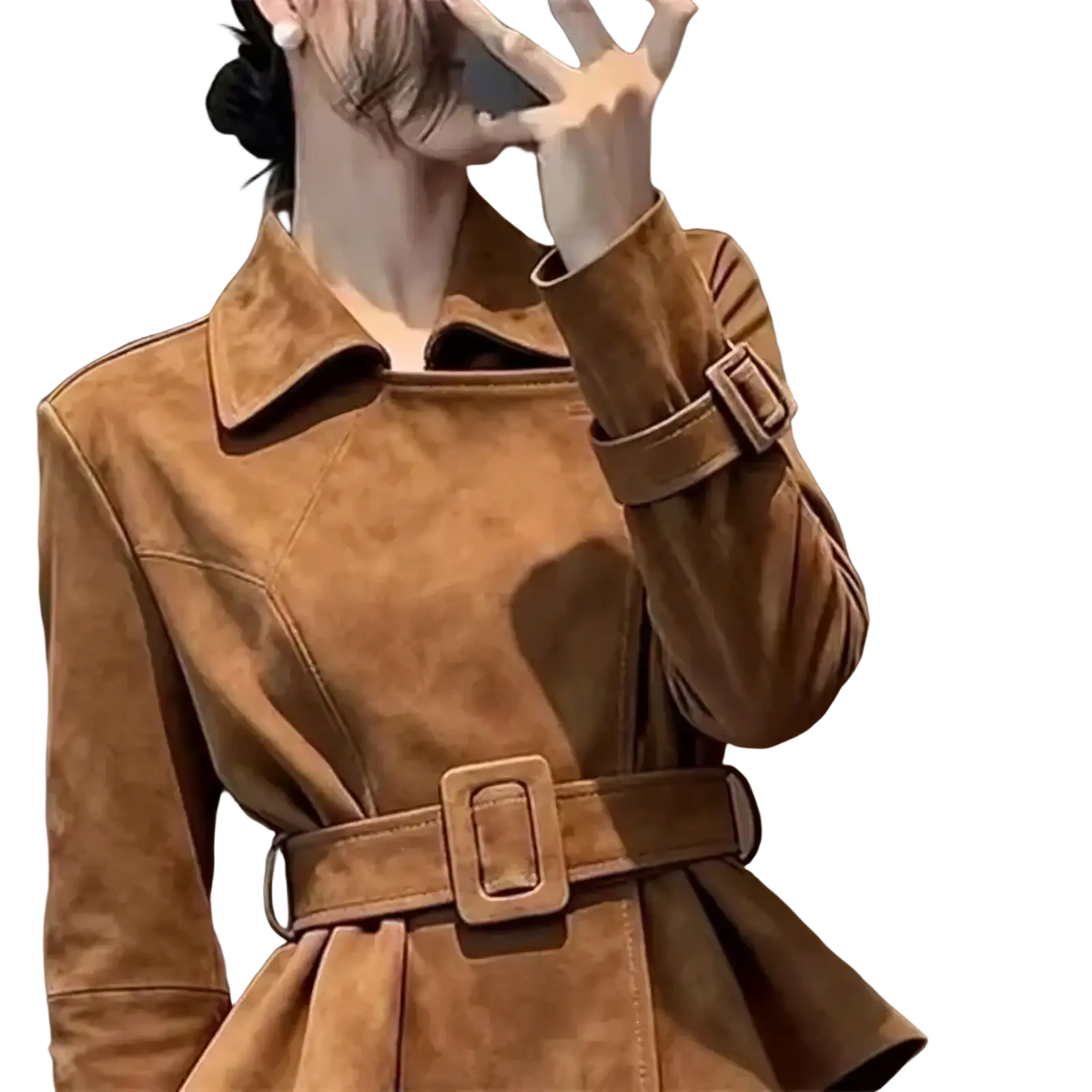 Brown suede peplum jacket with belt featuring a structured collar, belted waist, and matching belt buckle in tan suede