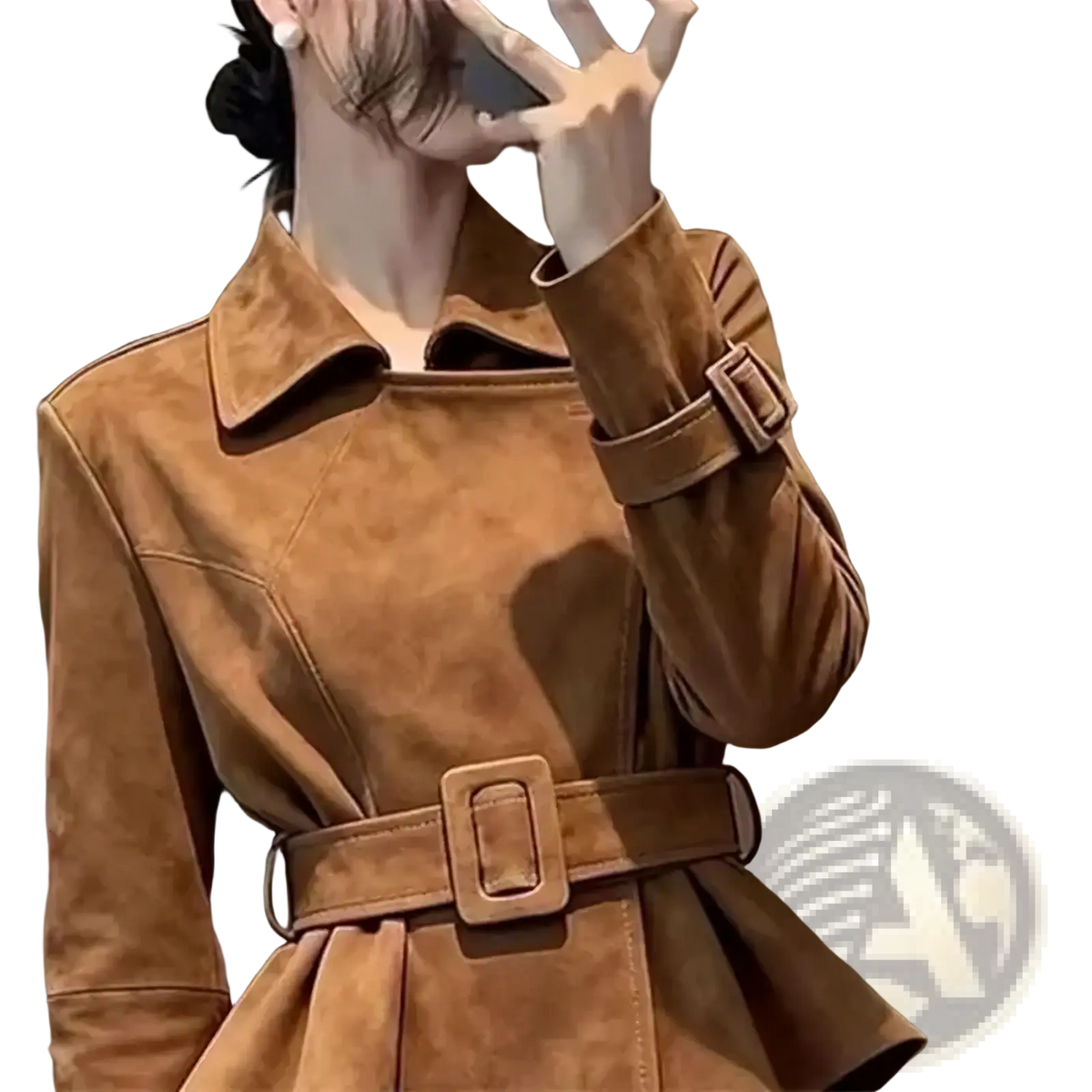 Brown suede peplum jacket with belt featuring a structured collar, belted waist, and matching belt buckle in tan suede