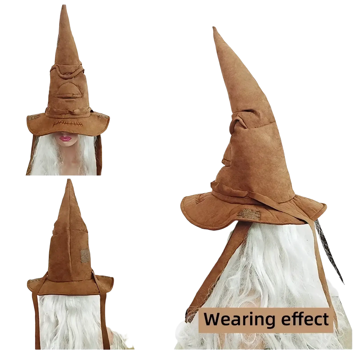 Brown suede sorting witch hat with pointed crown wide brim stitched details and adjustable straps for halloween costumes