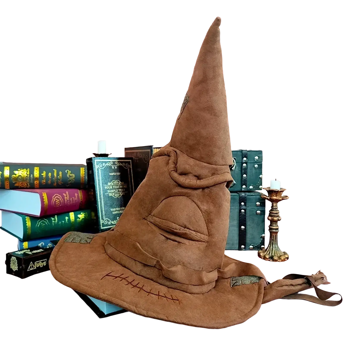 Brown suede sorting witch hat made of plush with stitched details and a fabric strap for halloween costumes