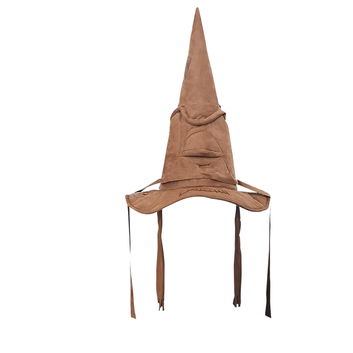 Brown suede sorting witch hat with a tall pointed crown and wide brim for halloween costumes