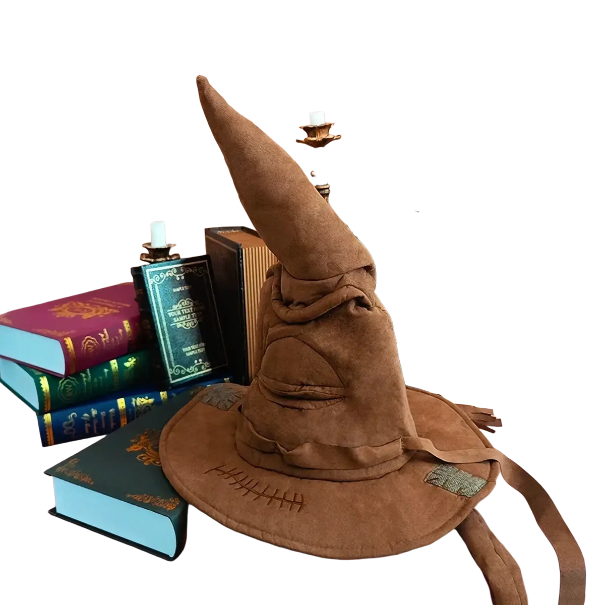 Brown suede witch hat with a plush pointed crown and stitched brim for sorting and Halloween costumes