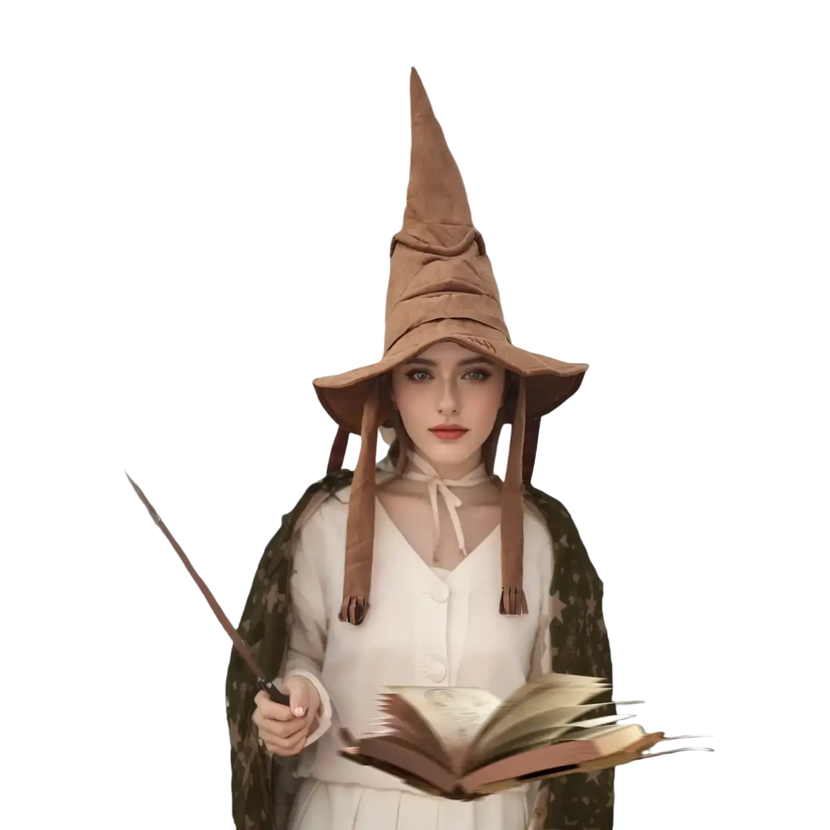 Brown suede sorting witch hat with pointed tip fabric ties and wide brim for halloween costumes