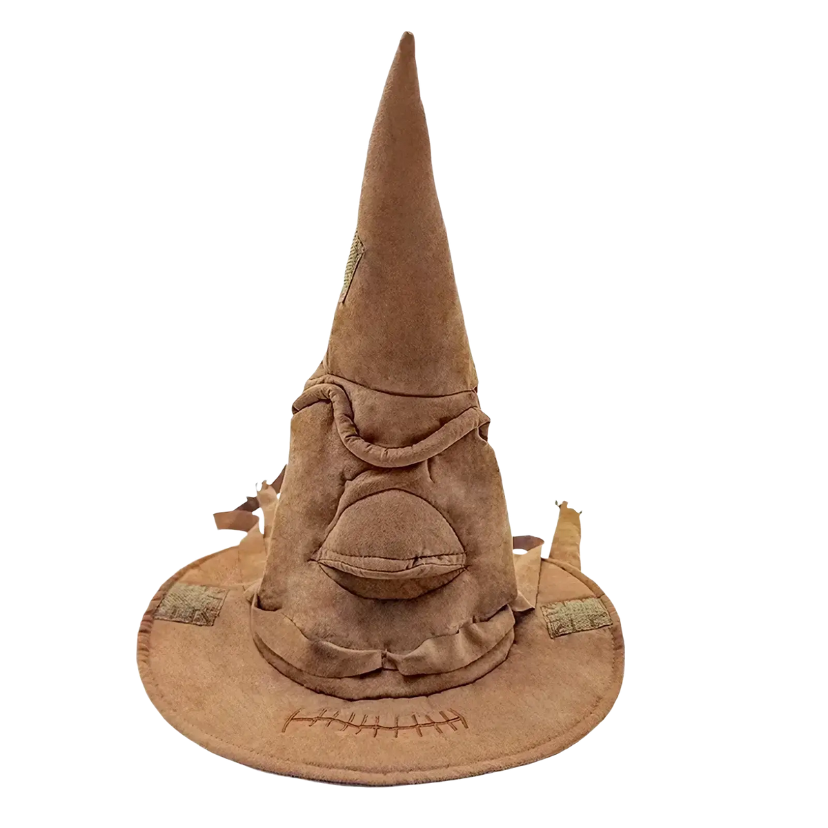 Brown suede sorting witch hat with stitched facial features and fabric patches on the brim for halloween costumes