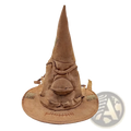 Brown suede sorting witch hat with stitched facial features and fabric straps for halloween costumes