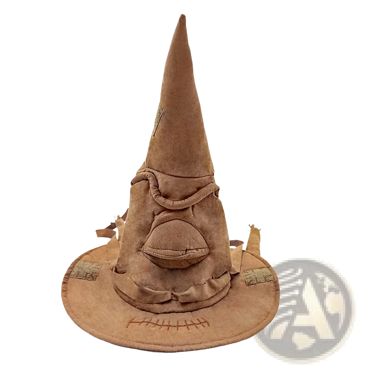 Brown suede sorting witch hat with stitched facial features and fabric straps for halloween costumes