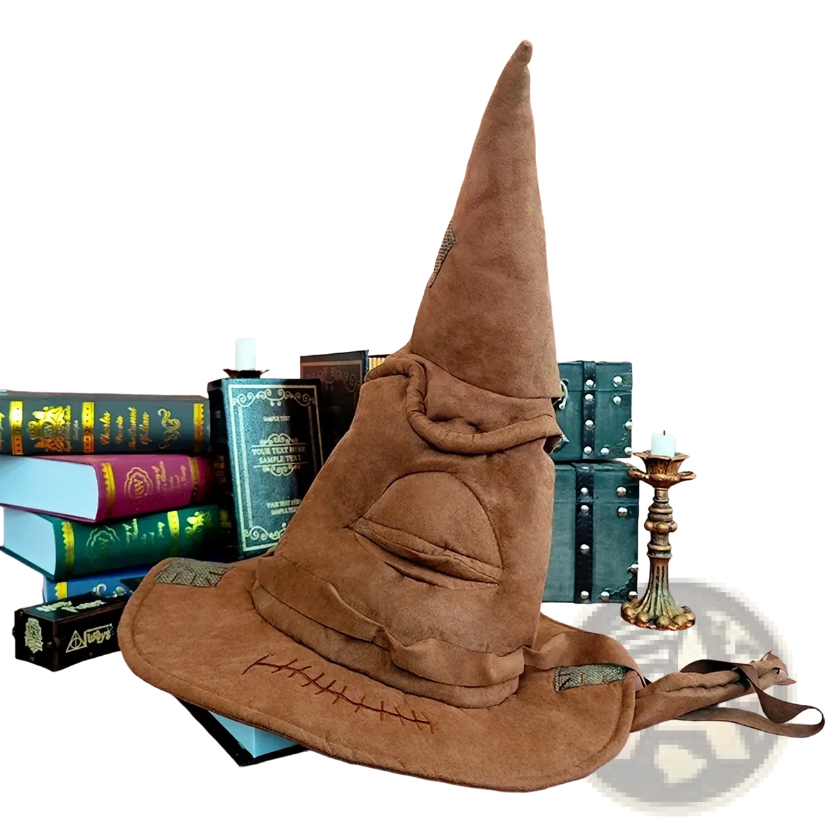 Brown suede sorting witch hat with stitched facial features and drawstring strap for Halloween costumes