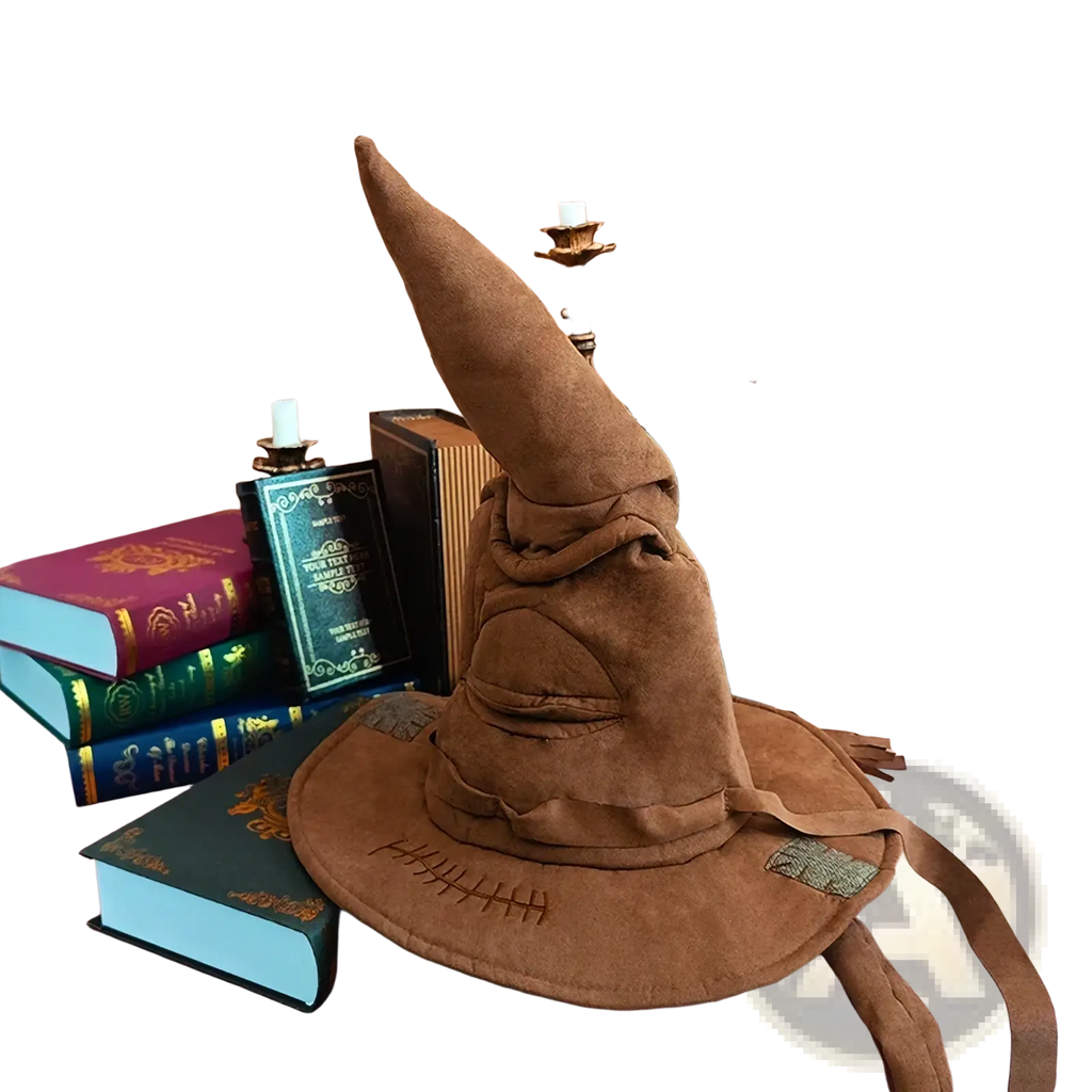 Brown suede sorting witch hat with stitched details and long pointed brim for halloween costumes