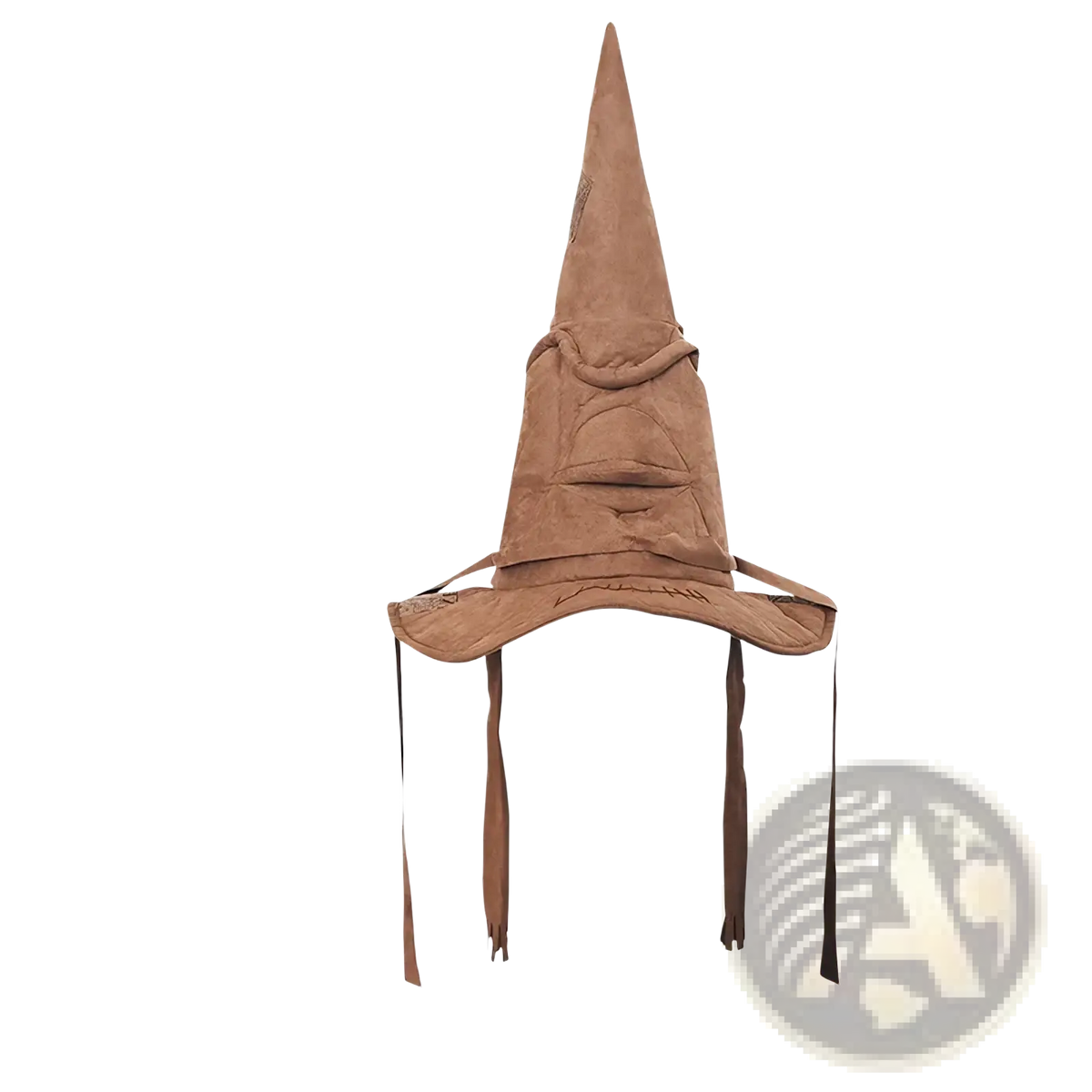 Brown suede sorting witch hat with a pointed top and textured fabric featuring two dangling ribbons for halloween costumes