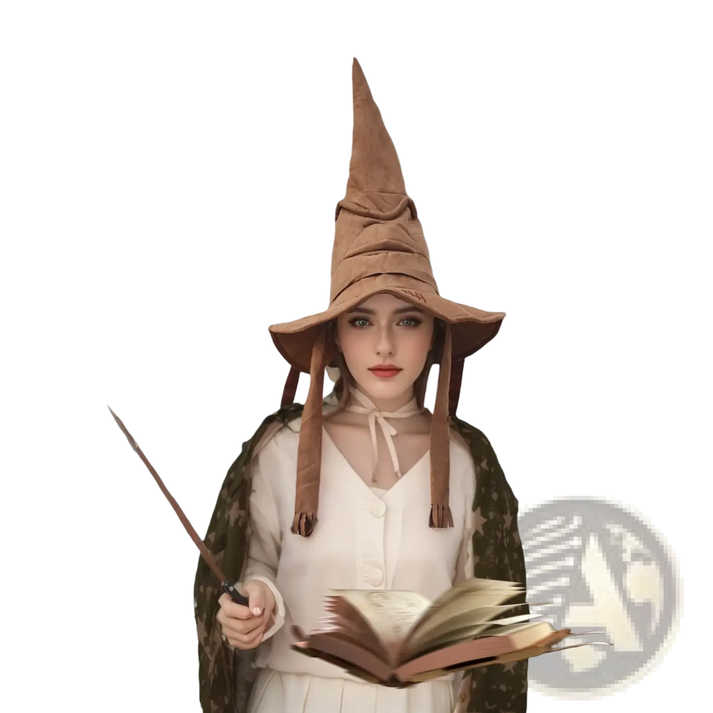 Brown suede sorting witch hat made of velvet with tassels and a tied ribbon for halloween costumes