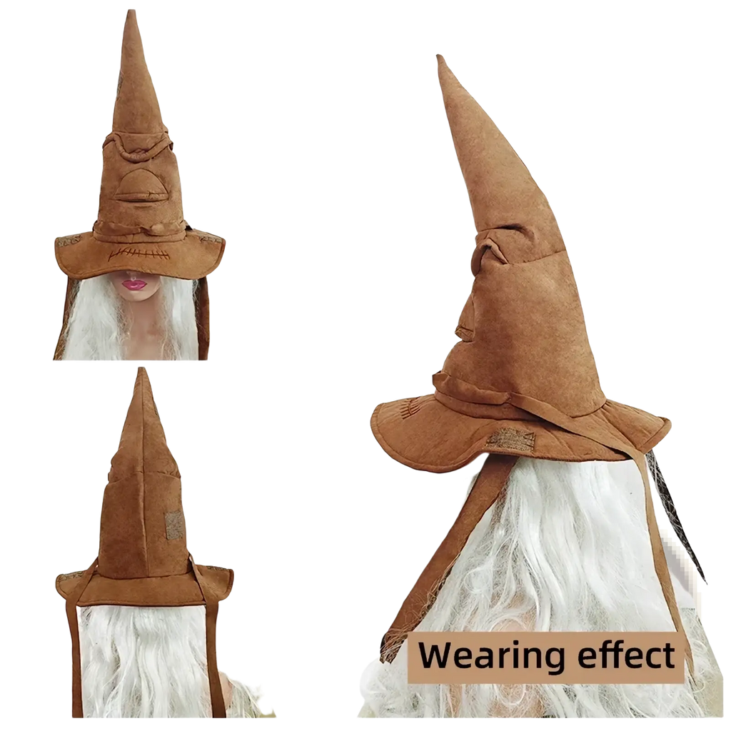 Brown suede sorting witch hat with tall pointed crown wide brim and adjustable straps for Halloween costumes