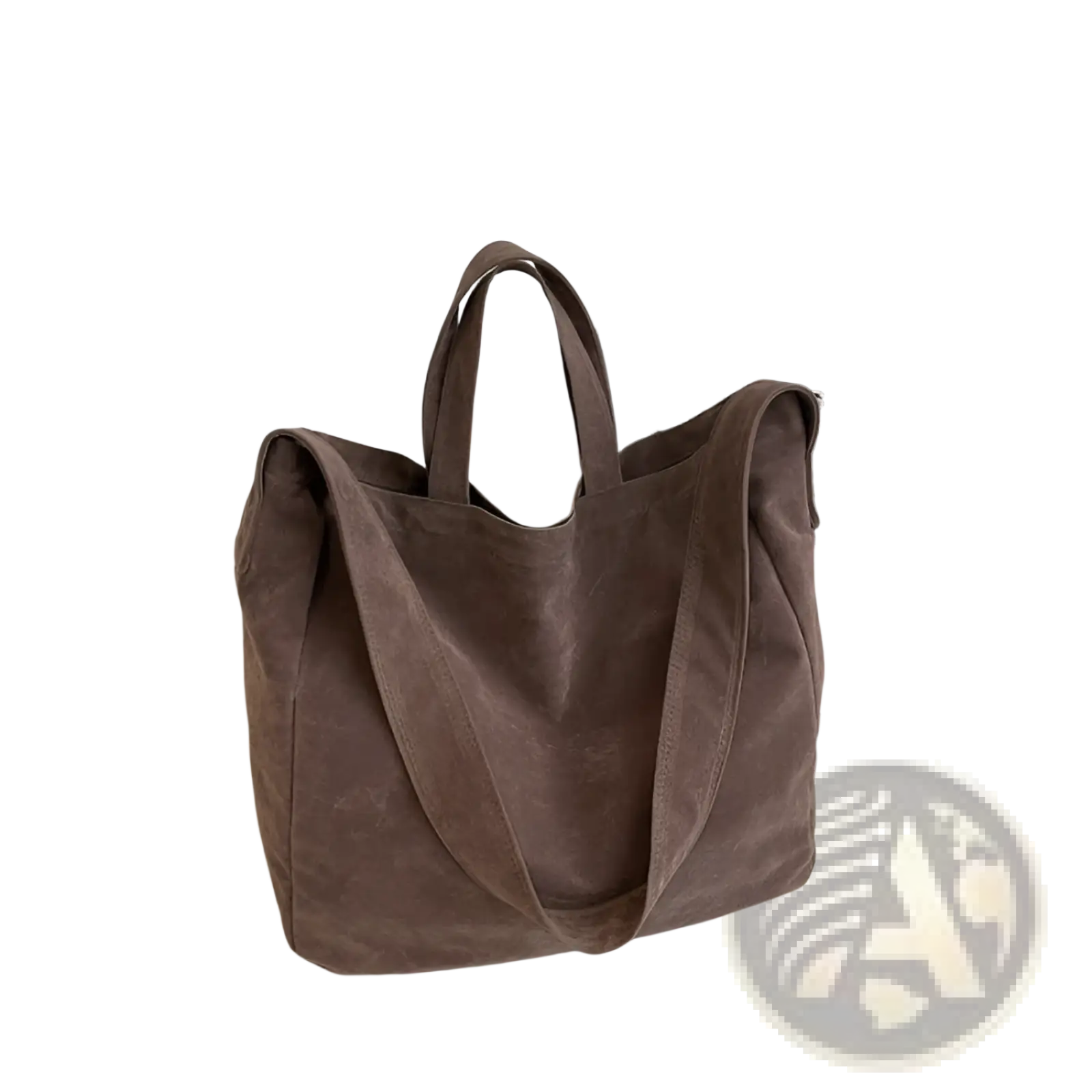 Brown suede tote bag with sturdy handles and large corduroy shoulder strap for versatile carrying