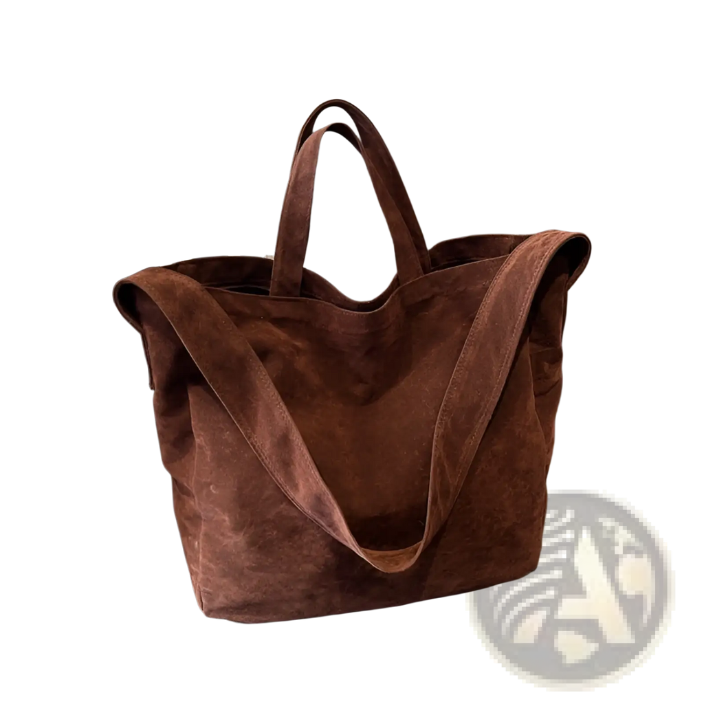 Brown suede tote bag large corduroy shoulder bag with dual handles and a soft textured finish