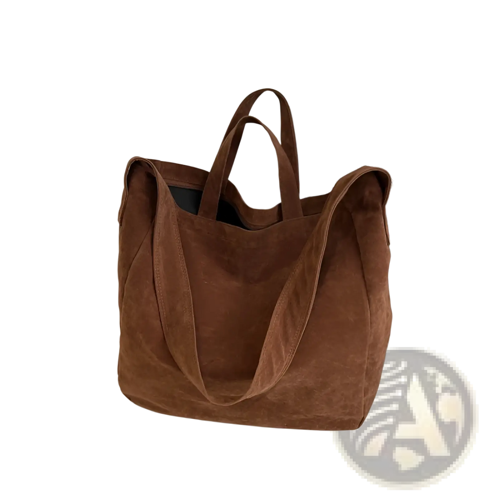 Brown suede tote bag with long handles featuring large corduroy shoulder design for versatile use