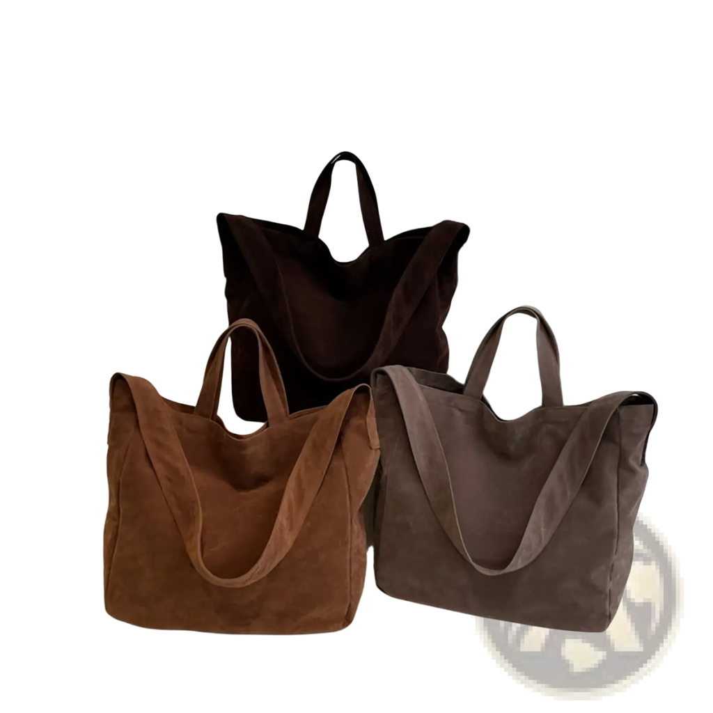 Three brown suede tote bags in large corduroy fabric with matching handles and soft textured finish