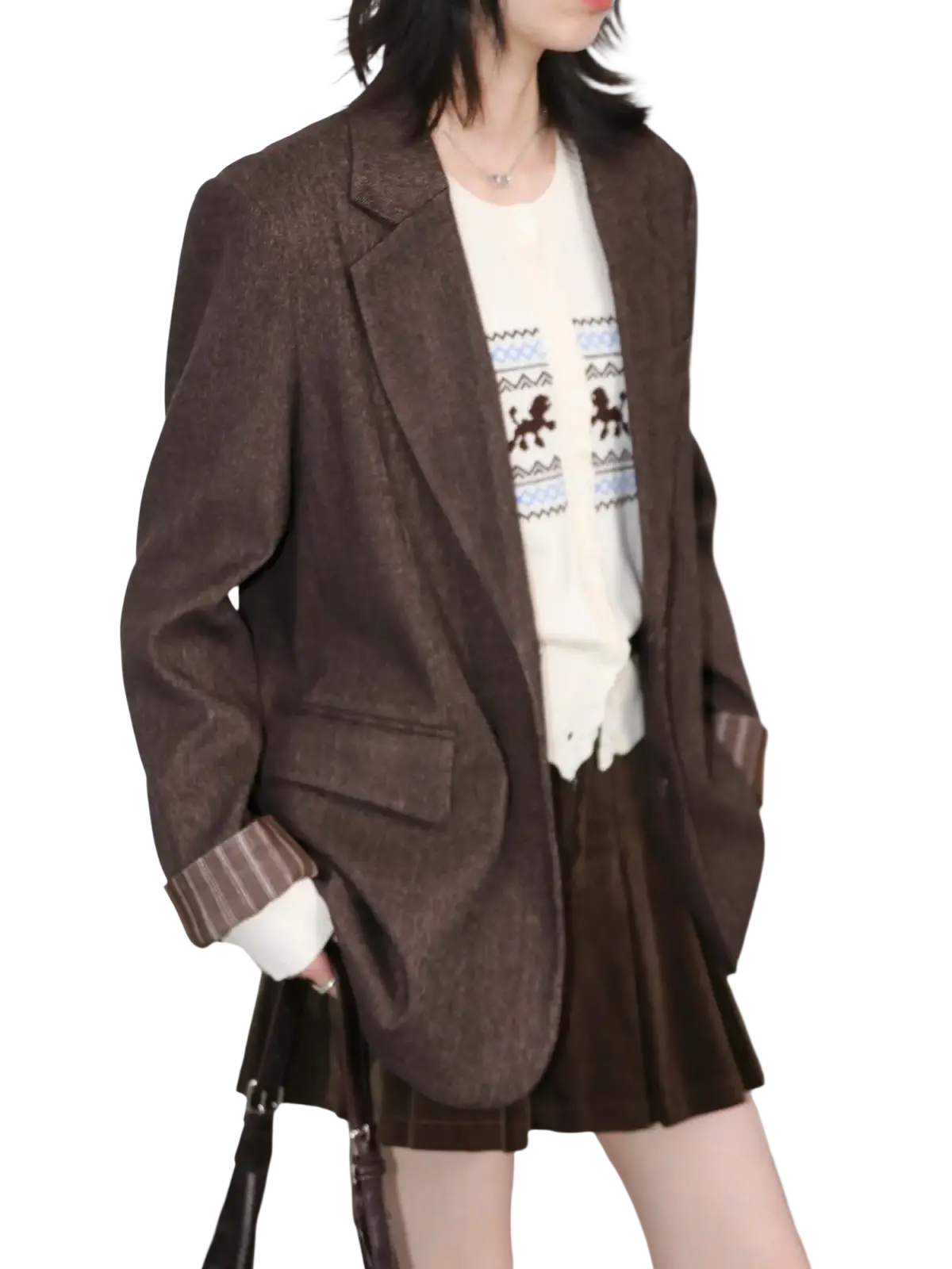 Brown textured women loose casual office blazer with relaxed fit and striped cuffs in brown fabric